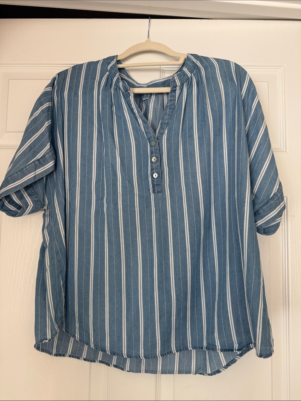 JohnPaulRichard Blue and White Vertical Stripe Henley Blouse